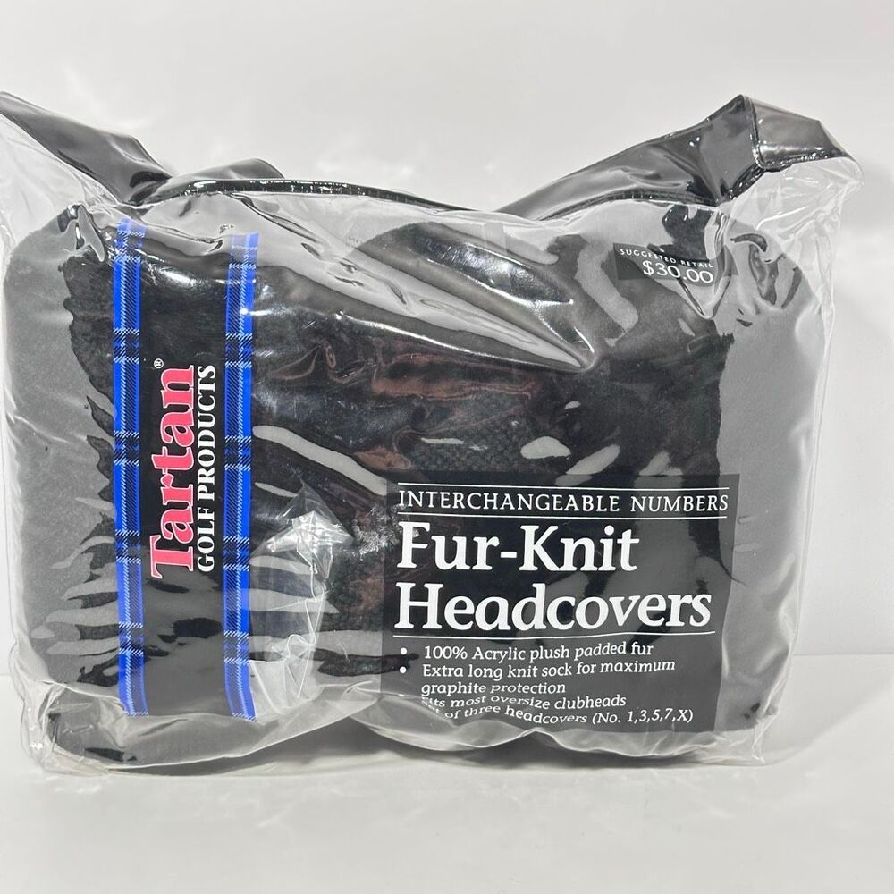 Tartan Black Fur-Knit Golf Club Headcovers w/ Interchangeable Numbers New In Bag
